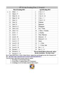 NT 40 day Reading Plan (2 Gospels) March Reading 2014 x April Reading 2014