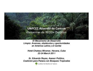 UNFCCC Acuerdo de Cancun Elementos de REDD+ Decision El Mecanismo de Desarrollo Limpio: Avances, obstáculos y oportunidades en América Latina y el Caribe Hotel Chateau Miramar, Havana, Cuba