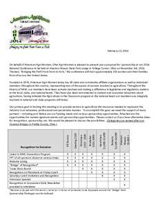 February 13, 2014  On behalf of American Agri-Women, Ohio Agri-Women is pleased to present you a proposal for sponsorship at our 2014 National Conference to be held at Hueston Woods State Park Lodge in College Corner, Oh