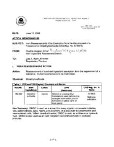 Inert Reassessments:  One Exemption from the Requirement of a Tolerance for Diemthyl sulfoxide[removed], USEPA, OPP