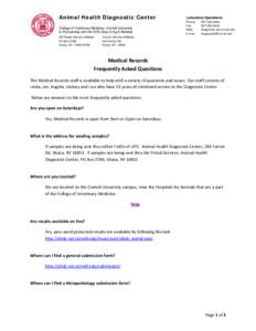 Animal Health Diagnostic Center College of Veterinary Medicine, Cornell University In Partnership with the NYS Dept of Ag & Markets US Postal Service Address: PO Box 5786 Ithaca, NY[removed]