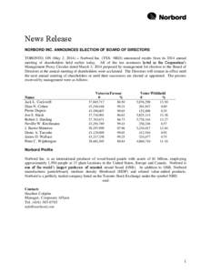 News Release NORBORD INC. ANNOUNCES ELECTION OF BOARD OF DIRECTORS TORONTO, ON (May 2, 2014) – Norbord Inc. (TSX: NBD) announced results from its 2014 annual meeting of shareholders held earlier today. All of the ten n