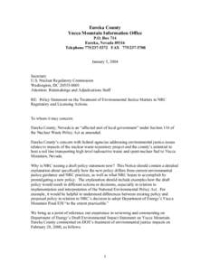 Eureka County Yucca Mountain Information Office P.O. Box 714 Eureka, Nevada[removed]Telephone[removed]FAX[removed]January 5, 2004