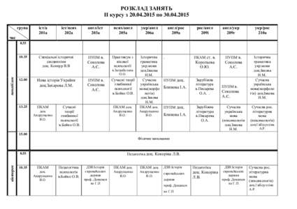 РОЗКЛАД ЗАНЯТЬ ІІ курсу з  по  група іст/а 201а