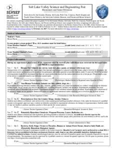 Salt Lake Valley Science and Engineering Fair Elementary and Junior Divisions Entry form for the Granite, Murray, Salt Lake, Park City, Canyons, North Sanpete and Tooele School Districts, the Salt Lake Catholic Diocese, 
