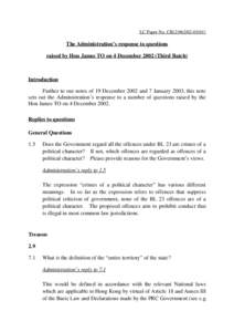 LC Paper No. CB[removed])  The Administration’s response to questions raised by Hon James TO on 4 December[removed]Third Batch)  Introduction