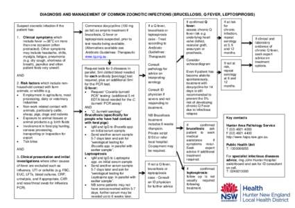 DIAGNOSIS AND MANAGEMENT OF COMMON ZOONOTIC INFECTIONS (BRUCELLOSIS, Q FEVER, LEPTOSPIROSIS) Suspect zoonotic infection if the patient has: 1.  Clinical symptoms which