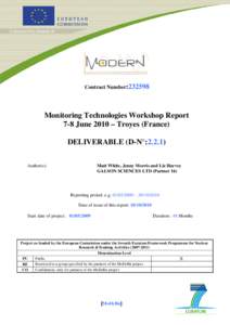 Contract Number:Monitoring Technologies Workshop Report 7-8 June 2010 – Troyes (France) DELIVERABLE (D-N°:Author(s):