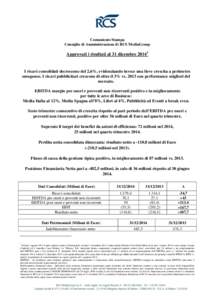 Comunicato Stampa Consiglio di Amministrazione di RCS MediaGroup Approvati i risultati al 31 dicembreI ricavi consolidati decrescono del 2,6%, evidenziando invece una lieve crescita a perimetro