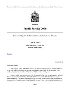 Public Service 2000 : First annual report to the Prime Minister on the Public Service of Canada - Table of Contents  CANADA Public Service 2000 First Annual Report to The Prime Minister on The Public Service of Canada