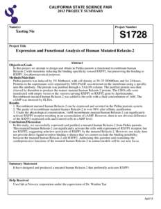 CALIFORNIA STATE SCIENCE FAIR 2013 PROJECT SUMMARY Name(s)  Xueting Nie