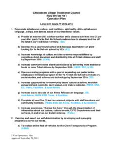 Chickaloon Village Traditional Council (Nay’dini’aa Na’) Operation Plan Long-term Goals FY[removed]Rejuvenate Athabascan culture, oral traditions, spirituality, Ahtna Athabascan language , songs, and dances ba