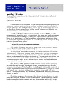 Kenneth D. Morris, Esq. L.L.C. January 2007, Volume 1 Business Tools  Avoiding Litigation