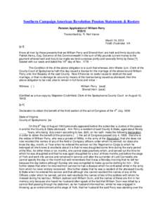 Southern Campaign American Revolution Pension Statements & Rosters Pension Application of William Perry W5515 Transcribed by R. Neil Vance March 19, 2012 Fold3 (Footnote) VA