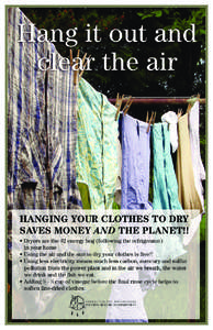 HANGING YOUR CLOTHES TO DRY SAVES MONEY AND THE PLANET!! • Dryers are the #2 energy hog (following the refrigerator) in your home • Using the air and the sun to dry your clothes is free!! • Using less electricity m