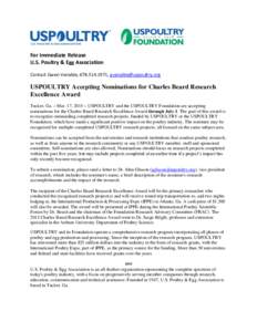 For Immediate Release U.S. Poultry & Egg Association Contact Gwen Venable, ,  USPOULTRY Accepting Nominations for Charles Beard Research Excellence Award