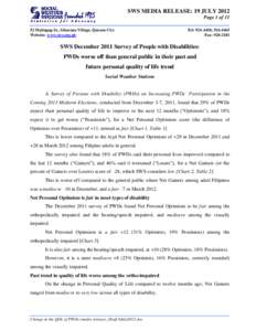 SWS MEDIA RELEASE: 19 JULY 2012 Page 1 of[removed]Malingap St., Sikatuna Village, Quezon City Website: www.sws.org.ph  Tel: [removed], [removed]