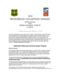 2014 WILDERNESS VOLUNTEER RANGER OPPORTUNITIES with the  SIERRA NATIONAL FOREST
