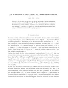 ON SUBSETS OF Fnq CONTAINING NO k-TERM PROGRESSIONS Y. LIN AND J. WOLF Abstract. In this short note we prove that for any fixed integer k and any prime power 2(k−1) q ≥ k, there exists a subset of F2k +q k−1 −1 w