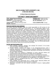 DELTA SIGMA THETA SORORITY, INC. A Service Sorority An Equal Opportunity Employer VACANCY ANNOUNCEMENT TITLE: Human Resources Manager