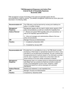 TSB Management Response and Action Plan Internal Audit of Hospitality Expenses November 2006 TSB management accepts the findings of this audit and generally agrees with the recommendations made by auditors. The detailed 