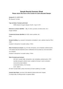 Sample Results Summary Sheet	
  Please return this form to the Curator for each allocated Sample Sample ID: RA-QD02-0042