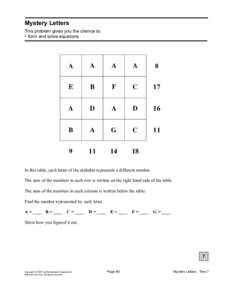 Mystery Letters This problem gives you the chance to: • form and solve equations A