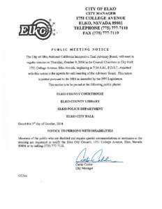 CITY OF ELKO CITY MANAGER 1751 COLLEGE AVENUE ELKO, NEVADA[removed]TELEPHONE[removed]FAX[removed]