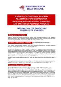 SCIENCE & TECHNOLOGY ACADEMY ACADEMIC EXTENSION PROGRAM (In Science/Mathmatics and/or Humanities) AND JAPANESE SPECIALIST PROGRAM INFORMATION FOR PARENTS OF PROSPECTIVE STUDENTS
