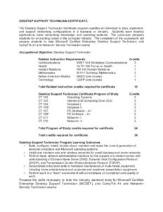 DESKTOP SUPPORT TECHNICIAN CERTIFICATE The Desktop Support Technician Certificate program qualifies an individual to plan, implement, and support networking configurations in a business or industry. Students learn deskto