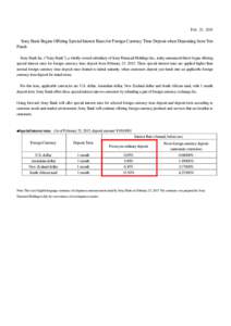 Feb. 23, 2015  Sony Bank Begins Offering Special Interest Rates for Foreign Currency Time Deposit when Depositing from Yen Funds Sony Bank Inc. (“Sony Bank”), a wholly-owned subsidiary of Sony Financial Holdings Inc.