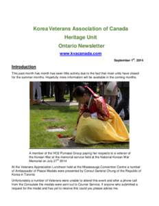 Korea Veterans Association of Canada Heritage Unit Ontario Newsletter www.kvacanada.com September 1st. 2014