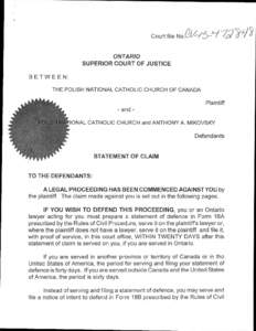 Court file No[removed]—/  ONTARIO SUPERIOR COURT OF JUSTICE BETWEEN: THE POLISH NATIONAL CATHOLIC CHURCH OF CANADA