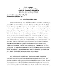 NEWS RELEASE Mammoth Community Water District P.O. Box 597, Mammoth Lakes, CA2596 Fax: (For Immediate Release: March 21, 2013 Contact: Betty Hylton ext. 274