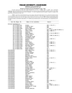PANJAB UNIVERSITY, CHANDIGARH Notification No. B.COM.I/2014-A/54 RE-EVALUATION RESULT OF THE Bachelor of Commerce Ist year (Examination, April , 2014. In partial supersession to this office result notification No. B.Com.