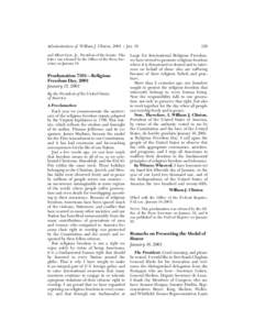 Administration of William J. Clinton, [removed]Jan. 16 and Albert Gore, Jr., President of the Senate. This letter was released by the Office of the Press Secretary on January 16. Proclamation 7391—Religious Freedom Day, 