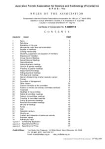 Australian French Association for Science and Technology (Victoria) Inc A F A S - Vic RULES OF THE ASSOCIATION Incorporated under the Victorian Associations Incorporation Act 1981 on 31st March 2000, Clauses 1 &[removed]am