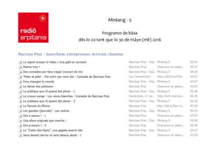 Minlang - 5 Programo de bâsa dês lo 20 tant que lo 30 de mâye (mê) 2016 Narcisse Praz - Anarchiste, entrepreneur, écrivain, chanteur  