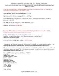 FORMULA FOR ANNUAL IDLING FUEL USE AND CO2 EMISSIONS: ONE-HALF OF VERMONT REGISTERED VEHICLES1 REDUCING PARKED IDLING BY FIVE MINUTES DAILY If just half of the vehicles in Vermont reduced their idling by five minutes a d