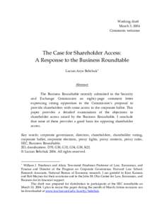 Working draft March 3, 2004 Comments welcome The Case for Shareholder Access: A Response to the Business Roundtable