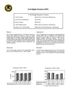 Civil Rights Division (CRT) FY 2013 Budget Request At A Glance FY 2012 Enacted: $144.5 million (715 positions; 384 attorneys)