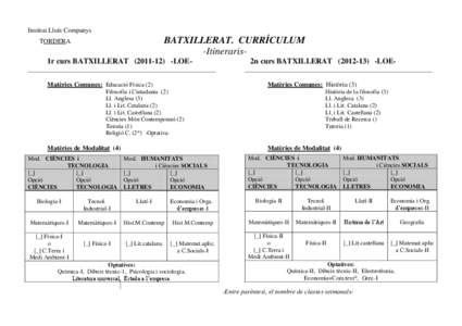 Institut Lluís Companys  BATXILLERAT. CURRÍCULUM -Itineraris-  TORDERA