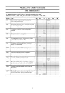 PROGRAMME GROUP SCHEDULE SM – SEISMOLOGY O: Oral Presentation (Lecture Room) / P: Poster Presentation (Poster Hall) TB: 1: 8:30–10:00 / 2: 10:30–12:00 / 3: 13:30–15:00 / 4: 15:30–17:00 / 5: 17:30–19:00 Sessio