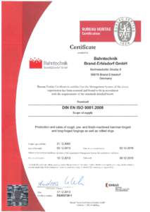 Certificate awarded to Bahntechnik Brand-Erbisdorf GmbH