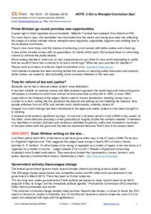 CLArion    No 1510 – 01 OctoberNOTE: 2 Oct is Wrongful Conviction Day! Email newsletter of Civil Liberties Australia (A04043) Email: Secretary(at)cla.asn.au Web: http://www.cla.asn.au/