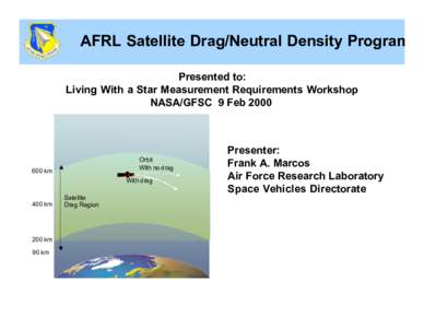 AFRL Satellite Drag/Neutral Density Program Presented to: Living With a Star Measurement Requirements Workshop NASA/GFSC 9 Feb[removed]Orbit