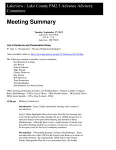 Lakeview / Lake County PM2.5 Advance Advisory Committee Meeting Summary Tuesday, September 17, 2013 Lakeview Town Hall