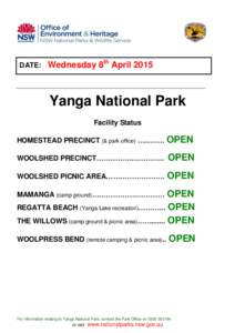 DATE:  Wednesday 8th April 2015 Yanga National Park Facility Status