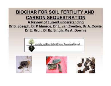 BIOCHAR FOR SOIL FERTILITY AND CARBON SEQUESTRATION A Review of current understanding Dr S. Joseph, Dr P Munroe, Dr L. van Zweiten, Dr A. Cowie, Dr E. Krull, Dr Bp Singh, Ms A. Downie