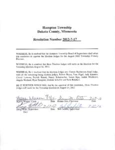 Hampton Township Dakota County, Minnesota Resolution NumberWHEREAS, Be it resolved that the Hampton Township Board of Supervisors shall adopt